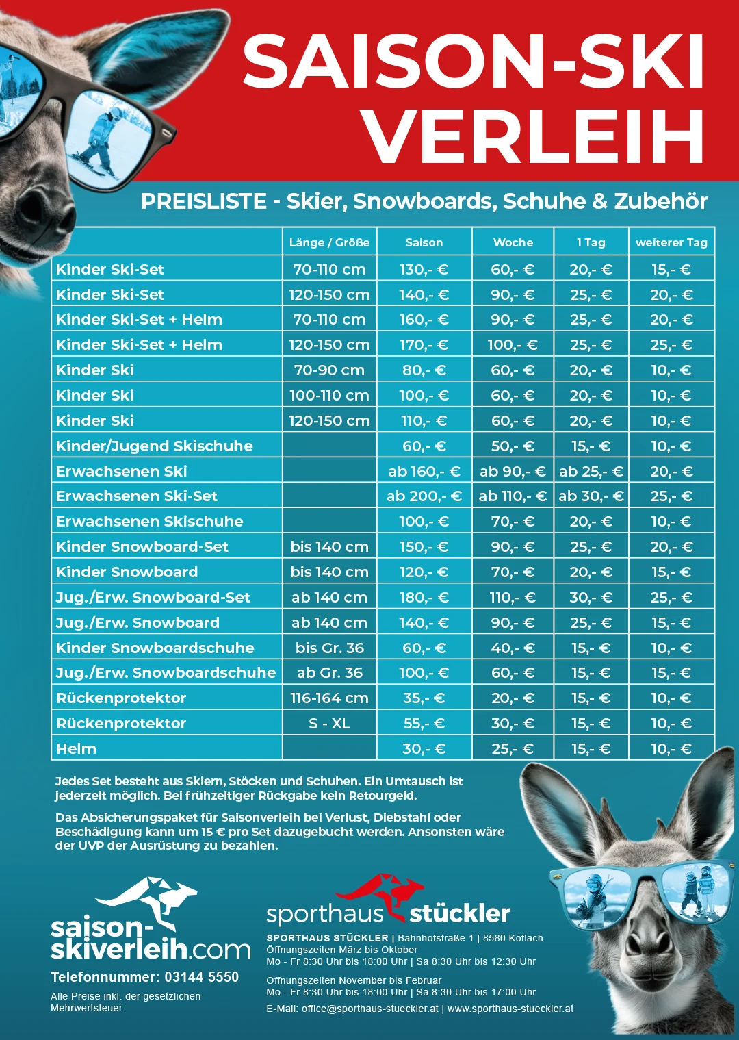 Preisliste für den Saison-Ski-Verleih mit Informationen zu Skiern, Snowboards, Schuhen und Zubehör für Kinder und Erwachsene.